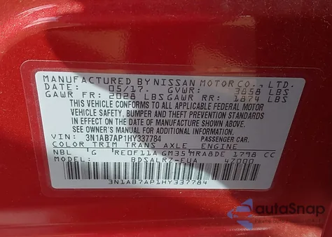 2017 Nissan Sentra Sr z USA, uszkodzony, nr VIN 3N1AB7AP1HY337784